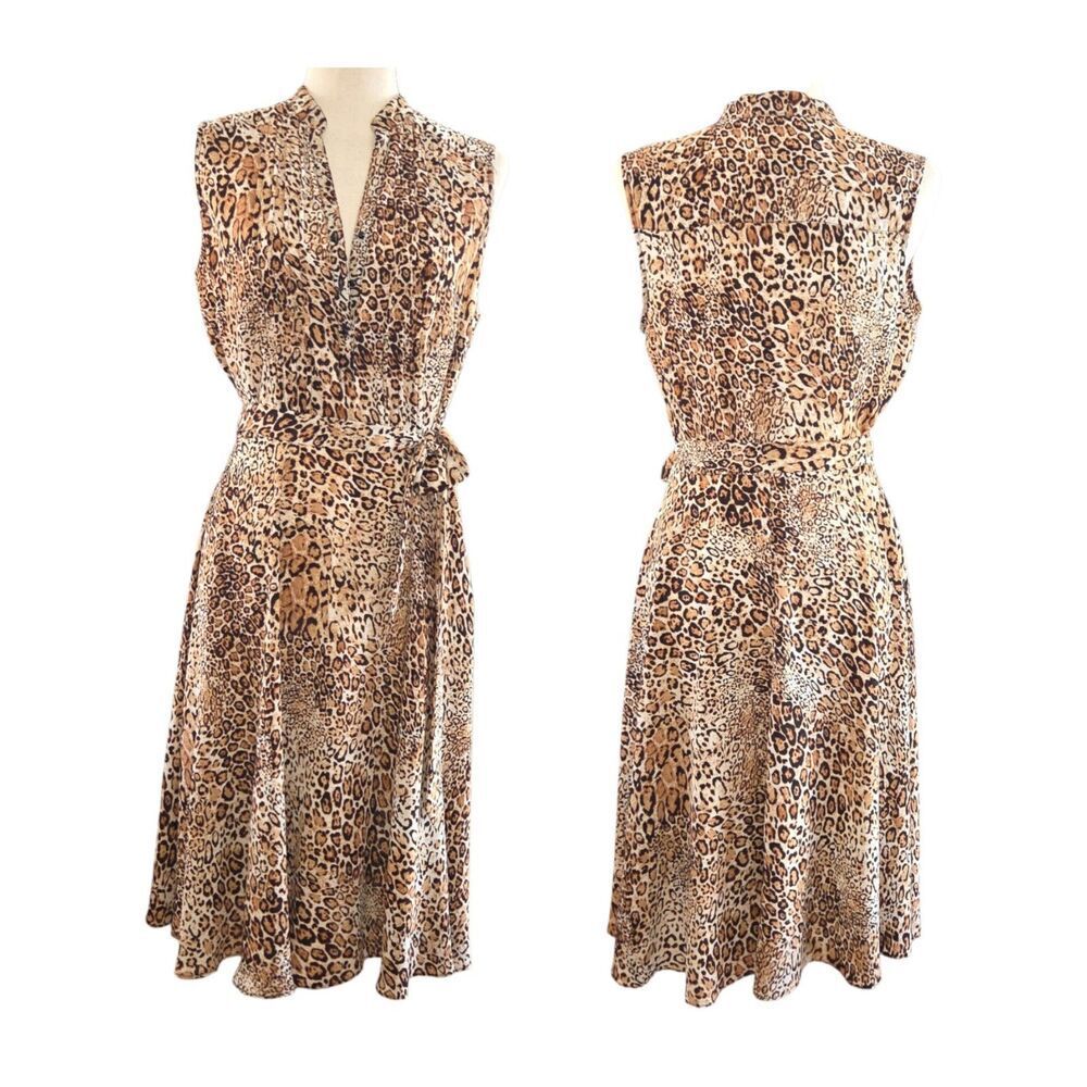 Nanette Lepore Leopard Print Fit & Flare Casual Day Dress Sz 8 Sleeveless Belted
